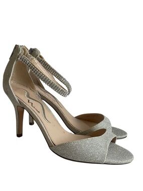 Nina Varetta Rhinestone Ankle Strap Peep Toe Stiletto Heels Silver Sz 6